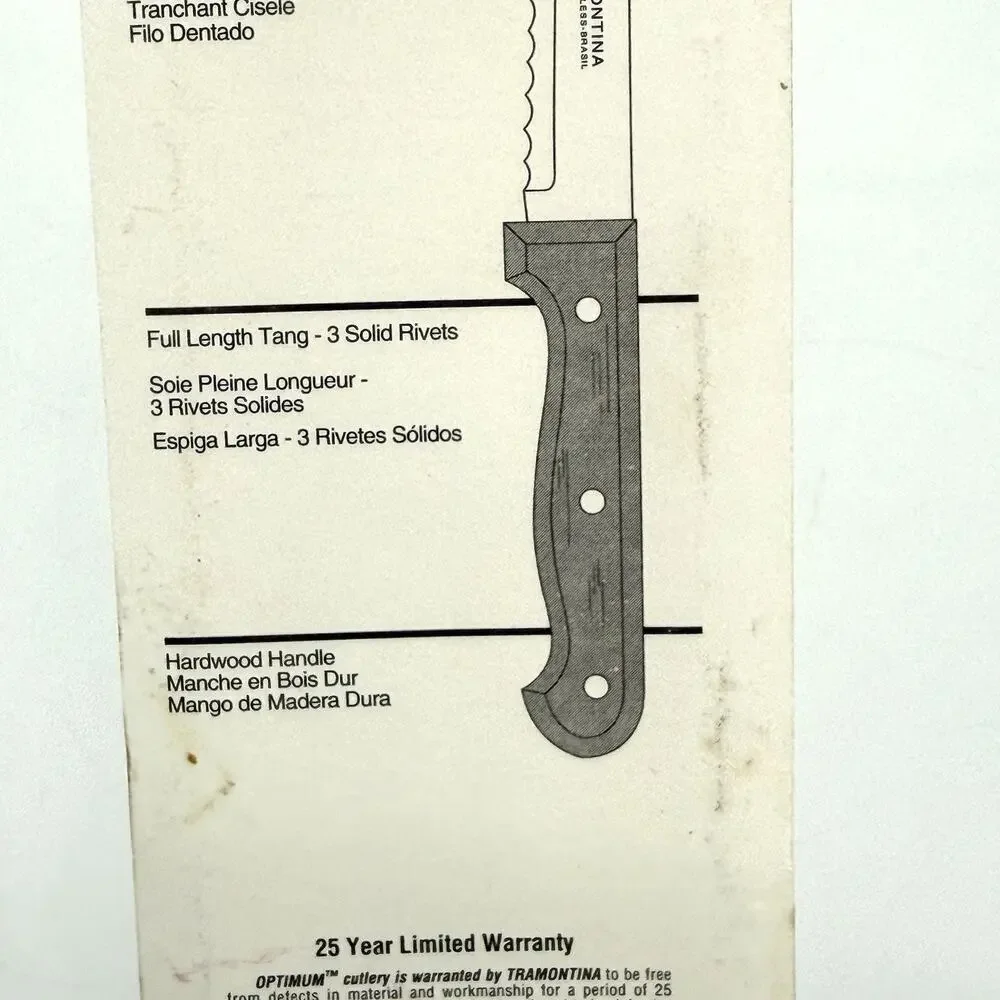 Vintage TRAMONTINA INOX SS Kitchen Utility Knife Wooden Handle 8” Blade BRAZIL